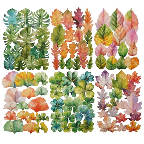 270 Pcs Leaf Stickers for Scrapbooking and Journaling | Colorful monstera, maple, ginkgo and clover leaf designs on paper for journaling, collages and planner crafts - color: Simple Leaves