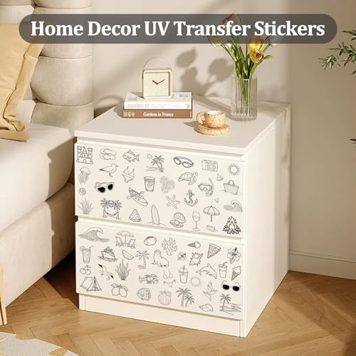 WANDIC 3 Sheets UV DTF Rub on Transfer Stickers for Craft,Summer Seaside Sketches Theme Cup Warp Waterproof Decals Retro Decorative Transfers for journal Cards Furniture Glass Wood DIY Crafts,15*30cm - color: Summer Seaside