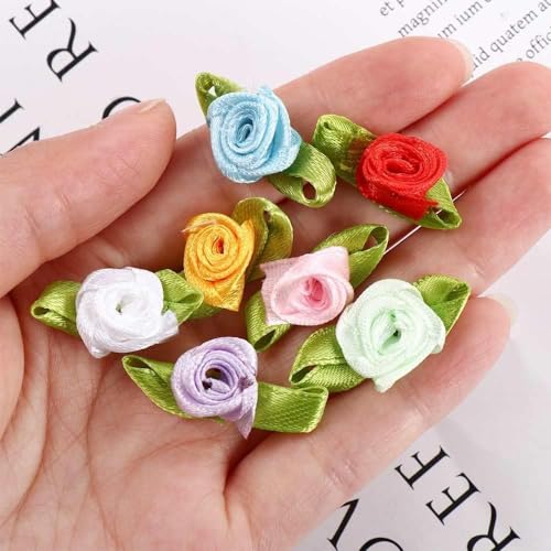100 Pcs Mini Ribbon Rose Flower Ornament, Satin Fabric Rose Buds with Leaves, Mixed Color Roses Sewing Appliques for Jacket Skirt Decor Trim and bellishments（Multicolor）
