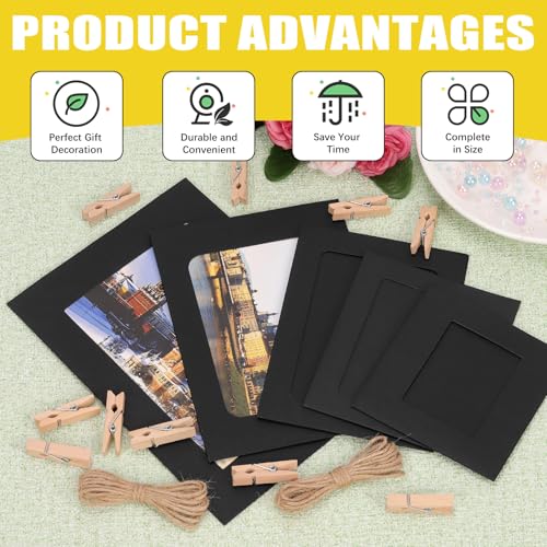 50 Set Black Paper Picture Frames, Includes 3" 4" 5" 6" 7" Cardboard Hanging Photo Frames with Wooden Clips, Strings for Home Decor - color: Black, size: 5 Sizes