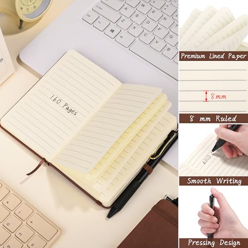 Aodaer 50 Sets Pocket Notebook Journal with Pens, 160 Pages, 3.5 x 5.5 Inch Mini Lined Journal Notebook A6 Leather Hardcover College Ruled Notepad with Pen Holder for School Office Gifts, Brown - color: Dark Brown