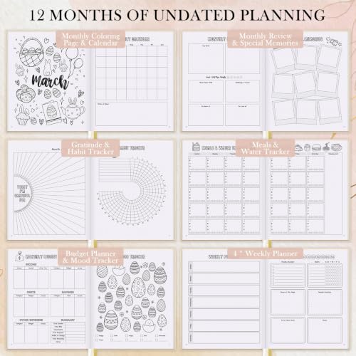 Everloria Premade Dotted Journal Notebook, 12 Months Pre-made Bullet Templates, 260 Hand-Drawn Coloring Pages, Undated Weekly & Monthly Planner, 7.8"x9.3" Linen Dot Grid Habit Mood Tracker, Beige - color: Beige
