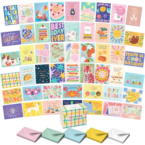 Sweetzer & Orange Happy Birthday Cards with Envelopes and Assortment Box – Variety Set of 50 Assorted Birthday Notes. Perfect Bulk Pack for Celebrations, Office, Friends & Special Occasions-4x5.5 - color: Bright