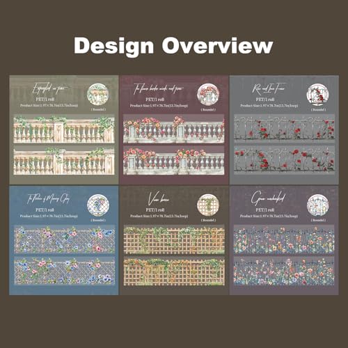Floral Trellis PET Tape Set - 6 Rolls of Seamless Vintage Balcony & Vine Designs with 1 Metal Clip, Self-Adhesive Waterproof Decorative Tapes for Scrapbook Journal and DIY Décor - style: Flowering Vines