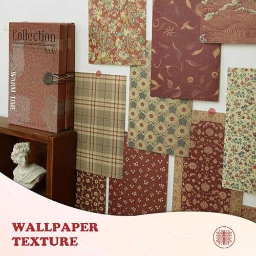 Vintage Scrapbook Paper Pack 60 Sheets Rustic Red Brown Neutral Floral Textured Wallpaper Design 5.0×3.1 Inch Cottage Core Aesthetic Junk Journaling Supplies for Card Making Small Craft Projects - color: Red