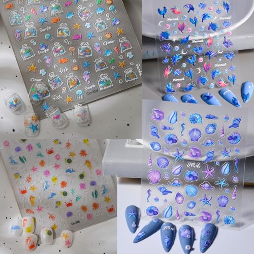 5D Embossed Shell Starfish Nail Art Stickers, Self Adhesive Marine Life Nail Decals 4 Sheets Jellyfish Fishtail Pearl Nail Stickers for Nail Art Supplies Women Girls Nail DIY Decorations - color: 4 Sheets Ocean Nail Stickers