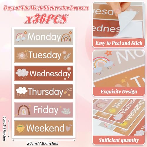 36 Pcs Days of The Week Stickers for Drawers, Large Monday to Friday with Weekend Labels Waterproof Boho Weekly Organizer Decals for Kids Classroom Rolling Cart Back to School - color: Boho