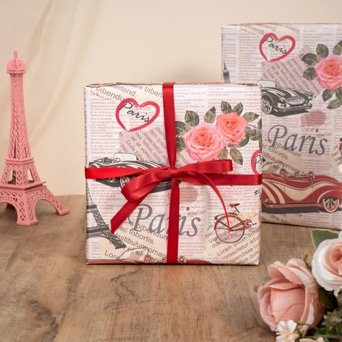 WRAPAHOLIC Kraft Vintage Car Wrapping Paper Roll - Mini Roll - 17 Inch x 16.5 Feet - Retro Paris Classic Car and Rose Newspaper Wrapping Paper for Birthday, Wedding, Anniversary, Bridal Shower - color: Kraft Newspaper - Paris & Car
