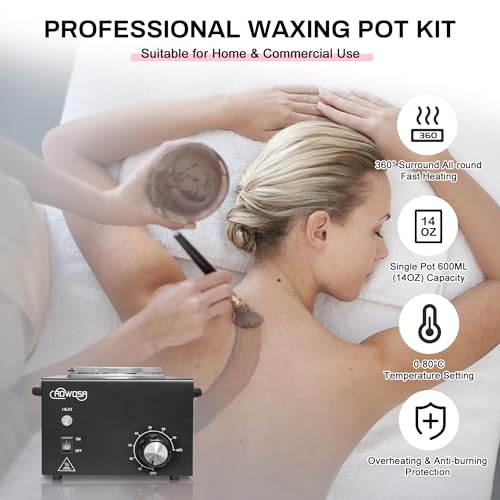 Professional Waxing Warmer Single Pot Wax Heater Machine for Hair Removal | Single Pot Waxing Warmer for Wax Bean Wax Block Canned Wax etc., Rapid Heating, Adjustable Temp, 50 Stick & 20 Collar, Black - color: Black-Single Pot-600ml