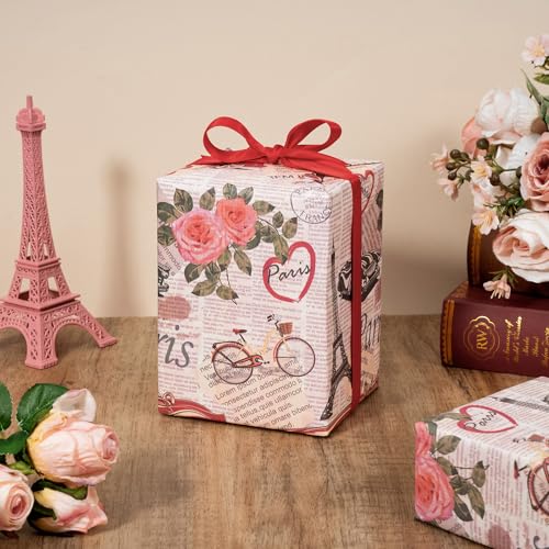 WRAPAHOLIC Kraft Vintage Car Wrapping Paper Roll - Mini Roll - 17 Inch x 16.5 Feet - Retro Paris Classic Car and Rose Newspaper Wrapping Paper for Birthday, Wedding, Anniversary, Bridal Shower - color: Kraft Newspaper - Paris & Car