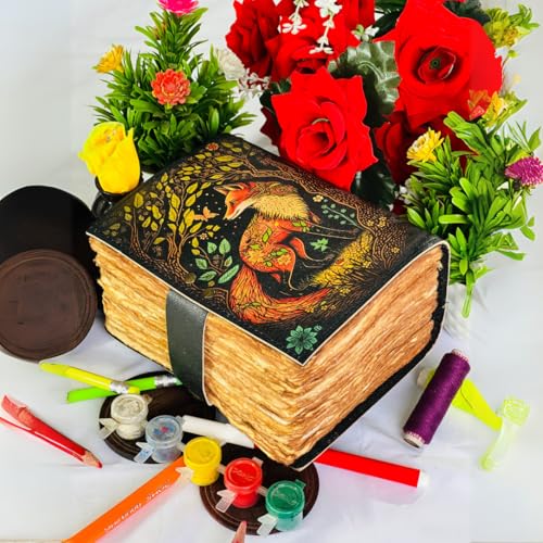 Clever fox leather journal for men grimoire journal 400 pages with lock leather journals for women, bound dairy cuadernos para mujer witchcraft supplies spell book sketch book notebook gift fox Fox - color: Clever Fox