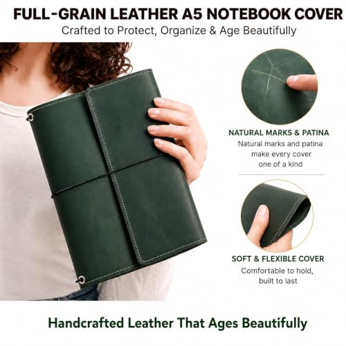 OMBUO Full-Grain Leather A5 Journal Cover – Refillable Traveler’s Notebook Case with 3 Elastic Bands, Pen Loop & Card Pockets – Fits A5/Half-Letter Inserts (Paper Not Included), Green