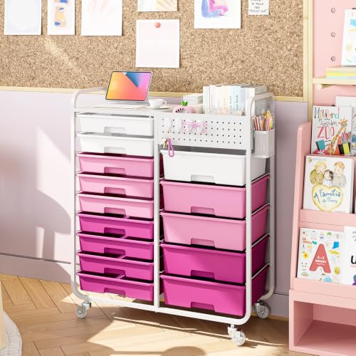 14 Drawer Rolling Storage Cart with Tabletop and Pegboard for Crafts Pink - color: Pink