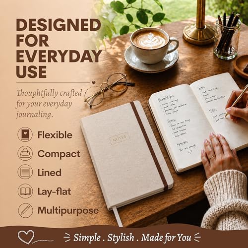 WORLD TRAVELER Eccolo Medium Lined Journal Notebook, A5 Writing Journal, 256 Ruled Ivory Pages, Ribbon Bookmark - color: 6X8 Tan