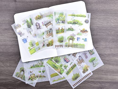 12 Sheets Green Plant Gardening Washi Stickers Flowers and Plants Country Road Fence Swing Scrapbooking Sticker Set for Art Craft Journaling Planners Journals Collage Scrapbook Diary Water Bottle - color: R