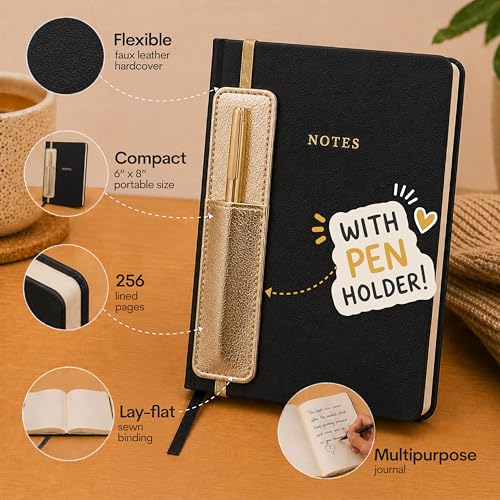 WORLD TRAVELER Eccolo A5 Lined Journal 256 Ivory Pages Lay Flat 6x8 - color: Black with Pen