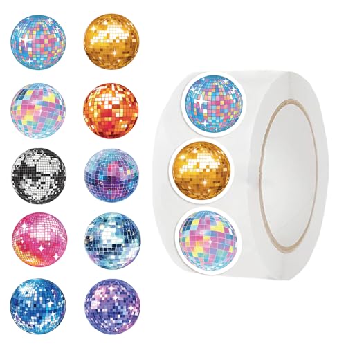 500PCS Disco Ball Stickers Roll Envelope Seals Sticker 10 Styles 70s 80s Party Themed Sticker Disco Party Favors Retro Aesthetic Stickers Waterproof Vinyl Stickers