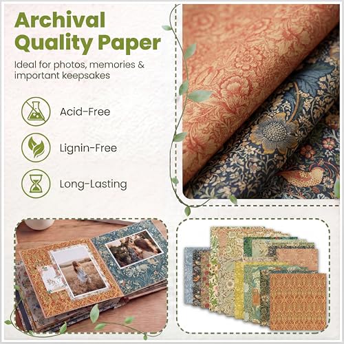 Floral Scrapbook Paper 12x12 – 24 Sheets Double-Sided Vintage Scrapbook Paper Pad, William Morris Style Aesthetic Patterned Papers for Heritage Albums, Junk Journaling & Crafts (Mustard, Indigo & Red) - color: Floral