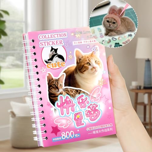 800 Pcs Cat Sticker Book Cute Stickers with Cat Meme Stickers 30 Sheets for Scrapbook Journal Planner Sticker Handbook Decoration Kawaii Album with Premium Art Paper and Cute Design (Cats) - color: G-pink