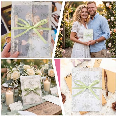 100 Pcs Pre Folded Floral Vellum Jackets for 5x7 Invitations, Wedding Translucent Vellum Paper with Ribbon, Envelope Liners for Wedding Bridal Baby Shower Birthday Mother Event(Sage Green) - color: Sage Green
