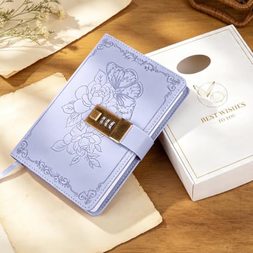 Billtigif Diary with Lock, PU Leather Journal for Gifts, 224 Pages, B6 | Lock Diary for Women Girls, Personal Organizers with Lockable Password, Pen Holder&Bookmark, Refillable - color: Light Purple