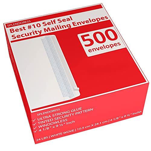 #10 Envelopes Letter Size Self Seal | 500 Business Mailing Security Peel and Sealing Envelope | 100% Tinted | no 10 White Windowless Legal Regular Plain Envelops Pack | 4-1/8 x 9-1/2 Inches | 24 LB