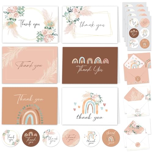 Decorably 24 Pack 6x4in Boho Thank You Cards with Envelopes and Stickers, 6 Beautiful Designs Friends, Family & Loved Ones, Blank Inside - All Occasions, Holidays, Wedding, Birthday, Anniversary - style: Boho
