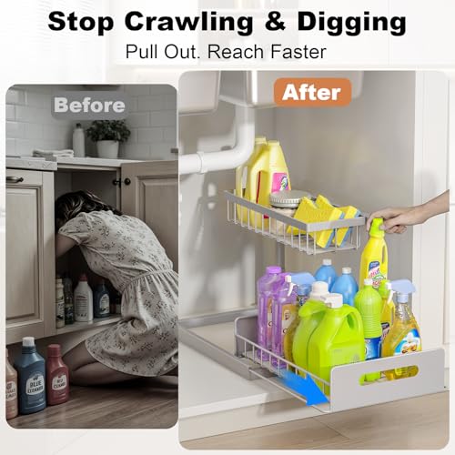 REALINN Under Sink Organizer, L-Shaped 2 Tier Pull Out Cabinet Organizer - color: Grey, size: 2 Pack