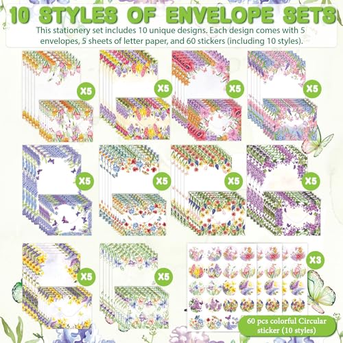160 Packs Stationery Paper and Envelopes Set 10 Different Designs, 50 One Sided Stationery Writing Papers with 50 Matching Envelopes and 60 Round Dot Sticker, 5.5 x 8.25 Inch (Spring) - style: spring