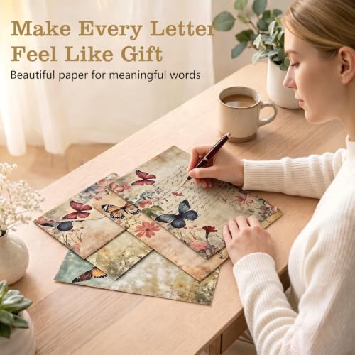 50 Pcs Stationery Paper Envelopes Set,No-Bleed Lined (6Style) | Includes 24 Unlined Writing Paper & 24 Envelopes & 24 Stickers, Vintage Butterfly Letter Writing Stationery Paper Envelopes - color: Vintage Butterfly