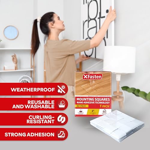 XFasten Clear Double Sided Mounting Tape Squares, 1" Pre-Cut Poster Sticky Squares, Clear, 80 Nano Mounting Squares Removable Square Putty Tape Gel Nano Square Poster Tape for Walls Stucco Glass - size: 1 Inch Squares (80 Count)