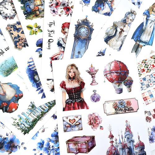 Snycler Sticker Book - 20 Sheets Vintage PET Stickers for Scrapbooking, Junk Journaling, Ephemera, and Decorative Crafts-Alice's Journey - color: Alice's Journey
