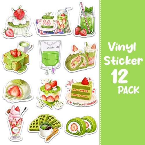 (12pcs-3in) Matcha Strawberry Sticker Cute Stickers Dessert Food Gifts - color: Strawberry Matcha