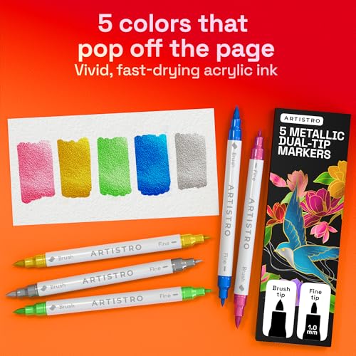 ARTISTRO 5 Metallic Dual-Tip Acrylic Paint Marker Pens for Drawing - color: Metallic, size: 5