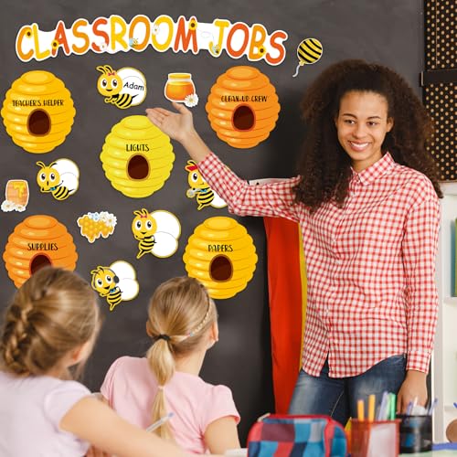 Qyeahkj Classroom Jobs Bee Bulletin Board Decorations Bee Hive Honeycomb Sunflower Paper Cutouts Summer Theme Classroom Bulletin Board for Teacher School Class Wall Door Window Decor Supplies - style: Class Job