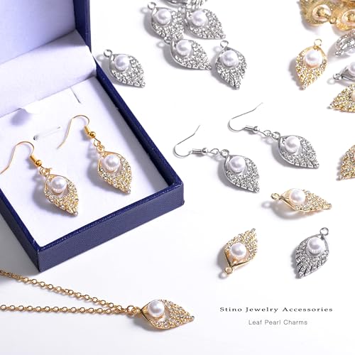 stino 40/50 Pieces Rhinestone Charms, Turtle Heart Bow Cross & Rhombus Jewelry Making Supplies, Silver & Gold Plated Crystal Pendants - style: Leaf Pearl (40PCs)