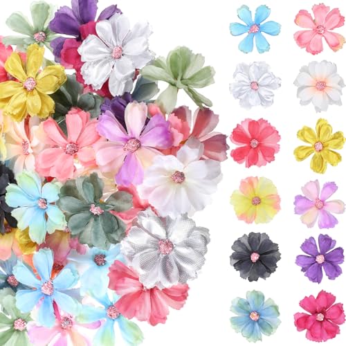 100PCS Small Fake Flowers for Crafts Paper Flowers Embellishments 3D Mini Artificial Silk Daisy Flower Fabric Applique Flower Heads for DIY Graduation Cap Garland Decoration Wedding Party Garden