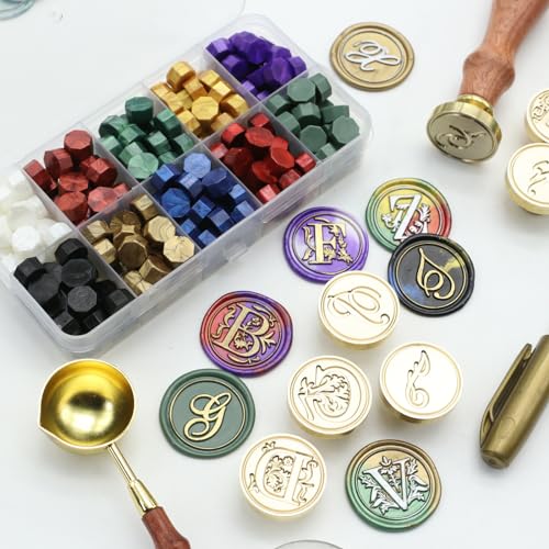 Letter Wax Seal Stamp Kit - Initial Alphabet D Stamp Head 2pcs, Vintage Monogram Stamps Wax Seal Kit with 200pcs Assorted Sealing Beads, Spoon, Metallic Gold Silver Pens - style: Letter D Wax Seal Stamp Kit