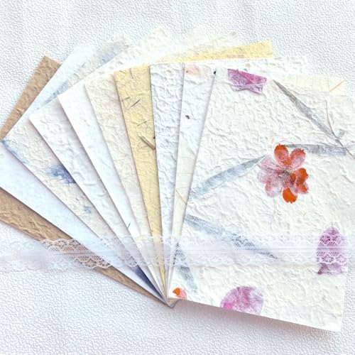 10 Desingns Handmade Textured Paper, 8.2"x5.9" Thick Mulberry Paper with Real Botanical, Multicolor Embossed Craft Sheets for Card Making, Scrapbooking, Junk journal, Invitations, Watercolor, Printing - color: White Handmade Paper