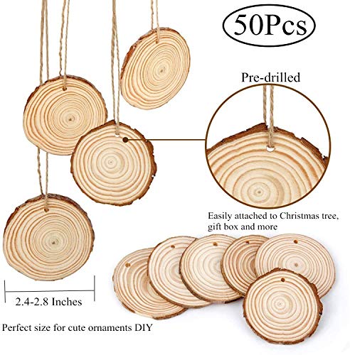 2.4-2.8IN Natural Wood Slices with Jute Twine for DIY Ornaments (50)