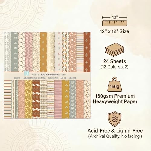 24 Sheets Scrapbook Paper - Boho Patterned Cardstock Paper Pads, 12"x12" 160gsm Coloured Double Sided Decorative Craft Papers for Scrapbooking, Card Making, Journaling and DIY Projects (Boho 8) - color: Boho 8
