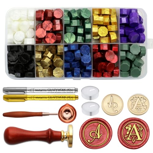 Letter Wax Seal Stamp Kit - Initial Alphabet A Stamp Head 2pcs, Vintage Monogram Stamps Wax Seal Kit with 200pcs Assorted Sealing Beads, Spoon, Metallic Gold Silver Pens - style: Letter A Wax Seal Stamp Kit