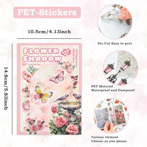 Vintage Scrapbook Stickers, 20 Sheet Vintage Flower Sticker for Scrapbooking, journaling DIY Crafts Laptops，Card Making, Ephemera Pre Cut (Pink Flower Shadow) - style: Pink Flower Shadow