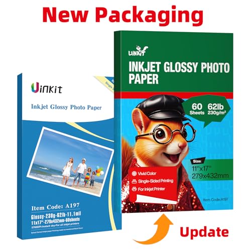 Uinkit 11 x 17 Thick Photo Paper Glossy 11x17 60Sheets 62lb Inkjet Heavyweight 230gsm Gallery show Brochure Pictures Funeral Bulletin Obituary Papers Obituaries Gloss Papers - size: 11"x17"x60