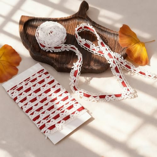 2 Yards Bow Lace Trim Ribbon, Vintage Lace Ribbon Roll for Bridal, Bow Trim Sewing Accessories for Bouquet Packaging Wrapping Wedding Decorations DIY Crafts- Red - color: Red-A style