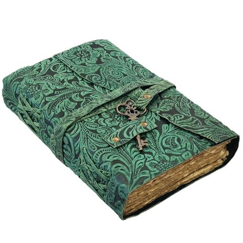 Embossed Leather Journal with Antique Key Vintage Pages Handmade Journal Leather Sketchbook Notepad Leather Travel Journal Book of Shadows Leather grimoire (A Green, 8x6 Inch) - color: A Green, size: 8x6 Inch