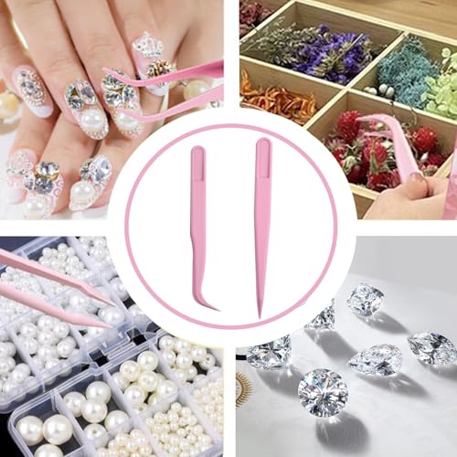 AGNURCADE 30pcs Plastic Tweezers for Crafts- Bulk Pack, Straight/Bent/Curved Tweezers Set for DIY Beads Jewelry Making Multipurpose Tweezer for Women Jewelry Making Tools for Handmade Crafts Stickers - color: Pink