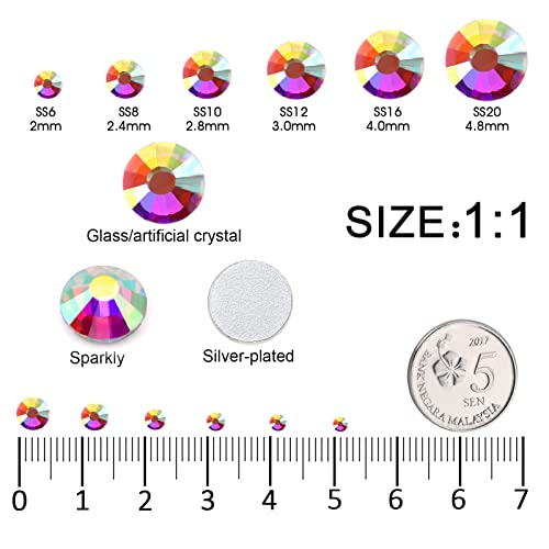 3792pcs Crystal AB Flatback Rhinestones Glass Diamantes Round Gems for Crafts Nail, Makeup, Clothes, Mixed 6 Sizes with Wax Pencil and Tweezer Kit (SS6~SS20) - color: Crystal AB