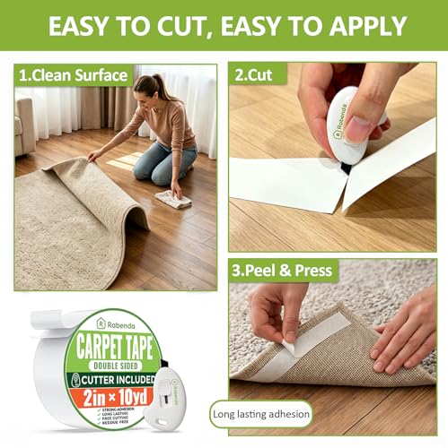 Rabenda Double Sided Carpet Tape for Area Rugs, Includes Anti Stick Cutter