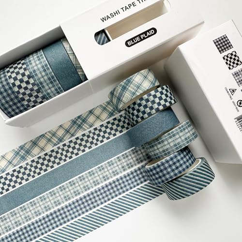 YUBBAEX 6 Rolls Plaid Washi Tape Set, Grid Pattern Masking Tape Classic Checkered Design Decorative for DIY Crafts, Bullet Journal Supplies, Planners, Scrapbook, Card/Gift Wrapping (Blue) - color: Blue